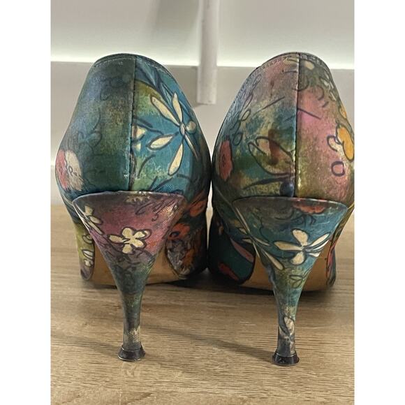 VTG Town Fair 1950s 1960s Pumps High Heels Stilettos Sz 7 Floral Printed - Picture 6 of 13
